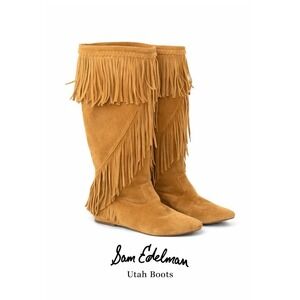 Sam Edelman Utah Fringe Suede Boots Brown 8.5 M Western Boho Moccasin Tall Flat